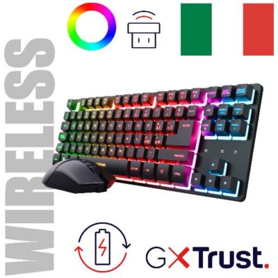 SET GAMING WIRELESS TASTIERA + MOUSE RICARICABILI RGB – BATTERIA LUNGA DURATA – LAYOUT ITALIANO – TRUST GXT 832 THADO COMBO – NERO