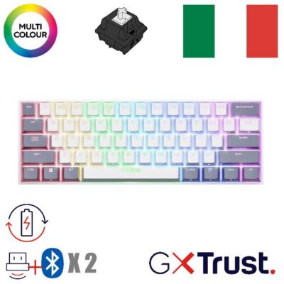 TASTIERA GAMING MECCANICA WIRELESS (COMPATTA 60%) – MULTICONNECT 2x BT + 1 WL 2,4GHz – LAYOUT ITALIANO – TRUST GXT ACIRA – BIANCO