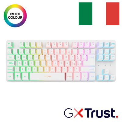 TASTIERA GAMING WIRELESS (COMPATTA TKL) ILLUMINATA – RICARICABILE – LAYOUT ITALIANO – TRUST GXT831W THADO TKL – BIANCO