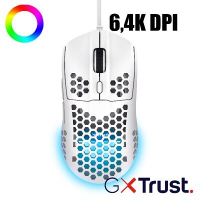 MOUSE GAMING RGB CABLATO ULTRALEGGERO 6400 DPI – TRUST GXT 928W HELOX BIANCO