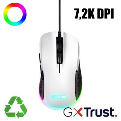 MOUSE GAMING RGB CABLATO 7.200 DPI, 6 PULSANTI PROGRAMMABILI – PLASTICA RICICLATA 68% – TRUST GXT 922 YBAR BIANCO