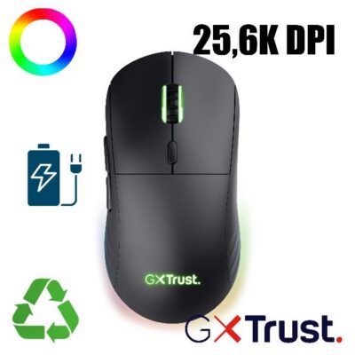 MOUSE GAMING RGB WIRELESS RICARICABILE 25.600DPI, ACELLERAZIONE 50G, AUTONOMIA 94H, POLLING 1000HZ, 80MLN CLIC – PLASTICA RICICLATA 55% – TRUST GXT927 REDEX+ NERO