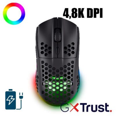 MOUSE GAMING RGB WIRELESS RICARICABILE ULTRALEGGERO 4.800DPI, AUTONOMIA 80H – TRUST GXT929 HELOX NERO