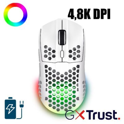 MOUSE GAMING RGB WIRELESS RICARICABILE ULTRALEGGERO 4.800DPI, AUTONOMIA 80H – TRUST GXT929W HELOX BIANCO