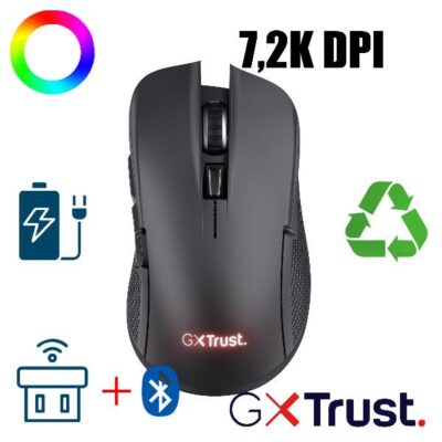 MOUSE GAMING RGB WIRELESS RICARICABILE MULTI-DISPOSITIVO 2,4GHz + BT, 7.200DPI, AUTONOMIA 50H – PLASTICA RICICLATA 70% – TRUST GXT931 YBAR – NERO