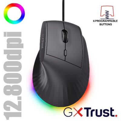 MOUSE ERGONOMICO VERTICALE CABLATO 1,7M RGB 12.800 DPI – 6 TASTI PROGRAMMABILI – TRUST GXT 145 REXXA – NERO