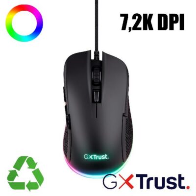 MOUSE GAMING RGB CABLATO 7.200 DPI, 6 PULSANTI PROGRAMMABILI – PLASTICA RICICLATA 68% – TRUST GXT 922 YBAR NERO