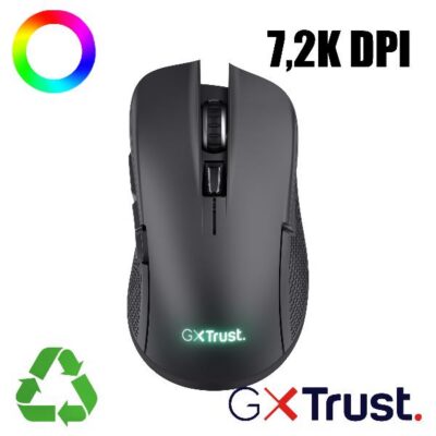 MOUSE GAMING RGB WIRELESS RICARICABILE 7.200DPI – PLASTICA RICICLATA 69% – AUTONOMIA 50h – 6 PULSANTI PROGRAMMABILI – TRUST GXT923 YBAR NERO