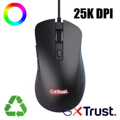 MOUSE GAMING RGB CABLATO 25.600 DPI ACELLERAZIONE 50G POLLING 1.000HZ – 6 PULSANTI PROGRAMMABILI – PLASTICA RICICLATA 60% – TRUST GXT924 YBAR+ NERO