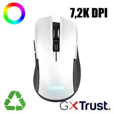 MOUSE GAMING RGB WIRELESS RICARICABILE 7.200DPI – PLASTICA RICICLATA 69% – AUTONOMIA 50h – 6 PULSANTI PROGRAMMABILI – TRUST GXT923W YBAR BIANCO/NERO