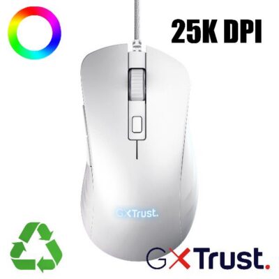 MOUSE GAMING RGB CABLATO 25.600 DPI ACELLERAZIONE 50G POLLING 1.000HZ – 6 PULSANTI PROGRAMMABILI – PLASTICA RICICLATA 50% – TRUST GXT924W YBAR+ BIANCO