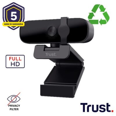 WEBCAM FULL HD 1980X1080P – FILTRO PRIVACY – 85% PLASTICA RICICLATA – TRUST TANOR – NERO