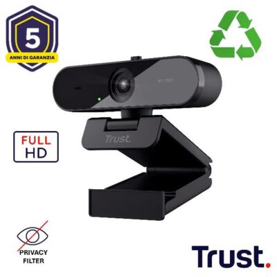 WEBCAM FULL HD 1980X1080p FILTRO PRIVACY – 85% PLASTICA RICICLATA – TRUST TW-200 – NERO