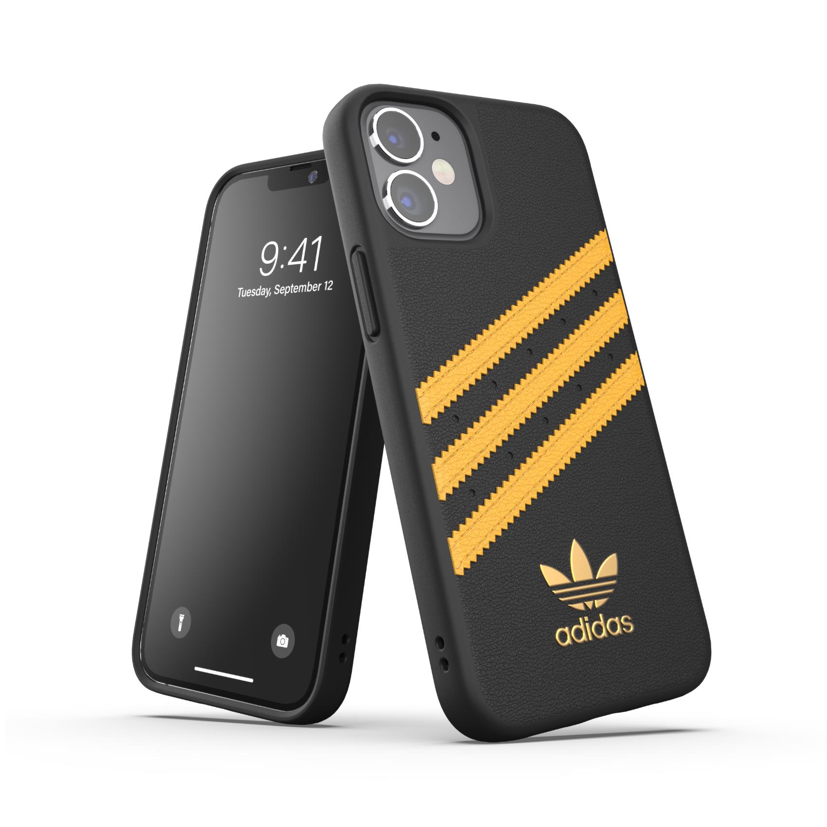 ADIDAS ORIGINALS – Cover SAMBA in TPU+Poliuretano con bordi rialzati di colore nera con strisce oro compatibile con Apple iPhone 12 Mini
