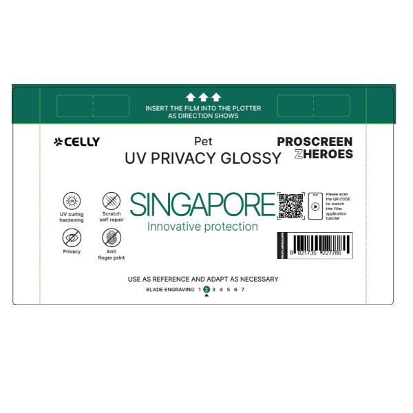 PROFILMPRO GLOSSY UV – Pellicola UV da 5 pezzi con finitura lucida e funzione Privacy compatibile con il plotter ProScreenPro – SINGAPORE (PROSCREEN ZHEROES)