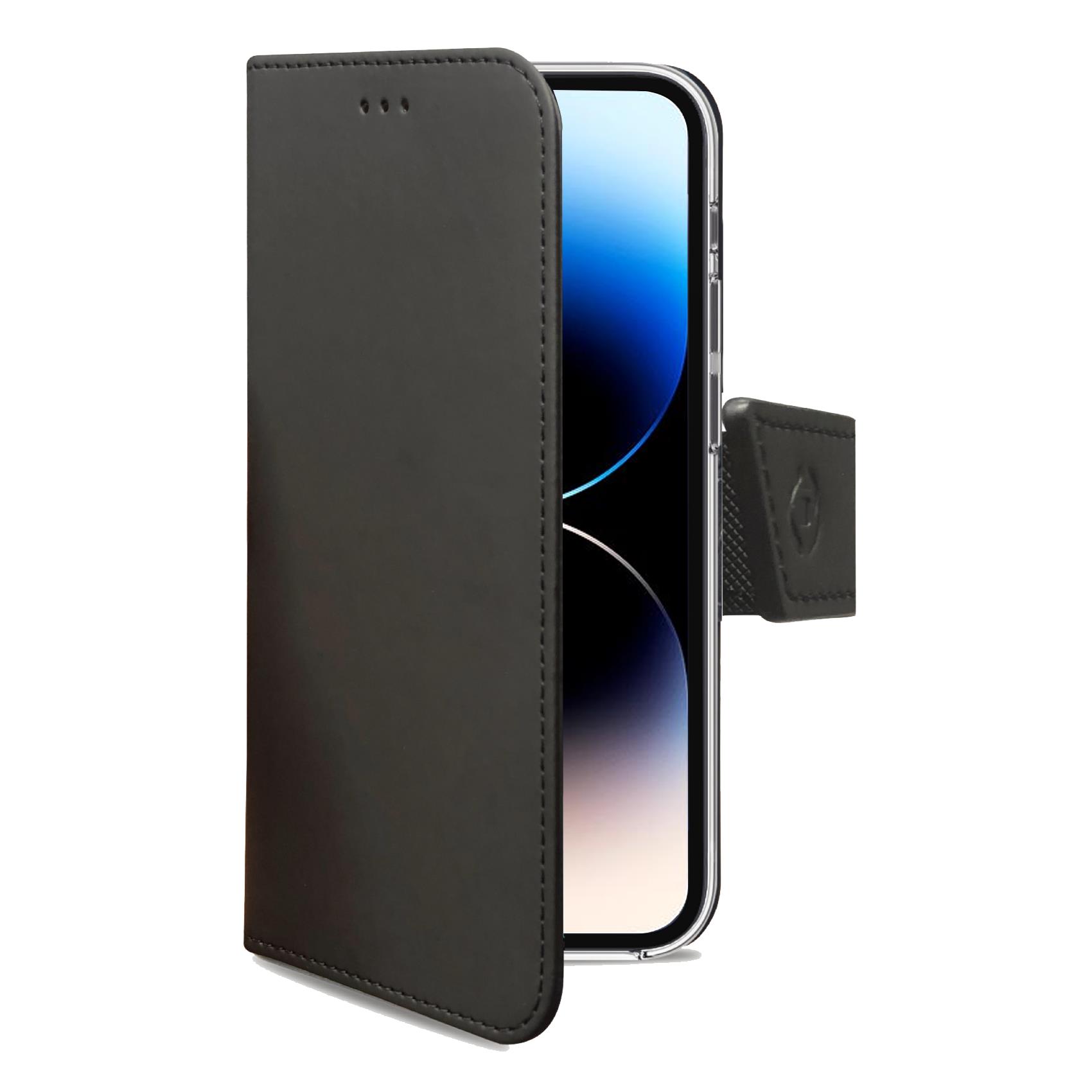 WALLY – Custodia a libro in pelle sintetica con chiusura flap magnetico, slot per carte e funzione stand colore nero compatibile con Apple iPhone 14 Pro