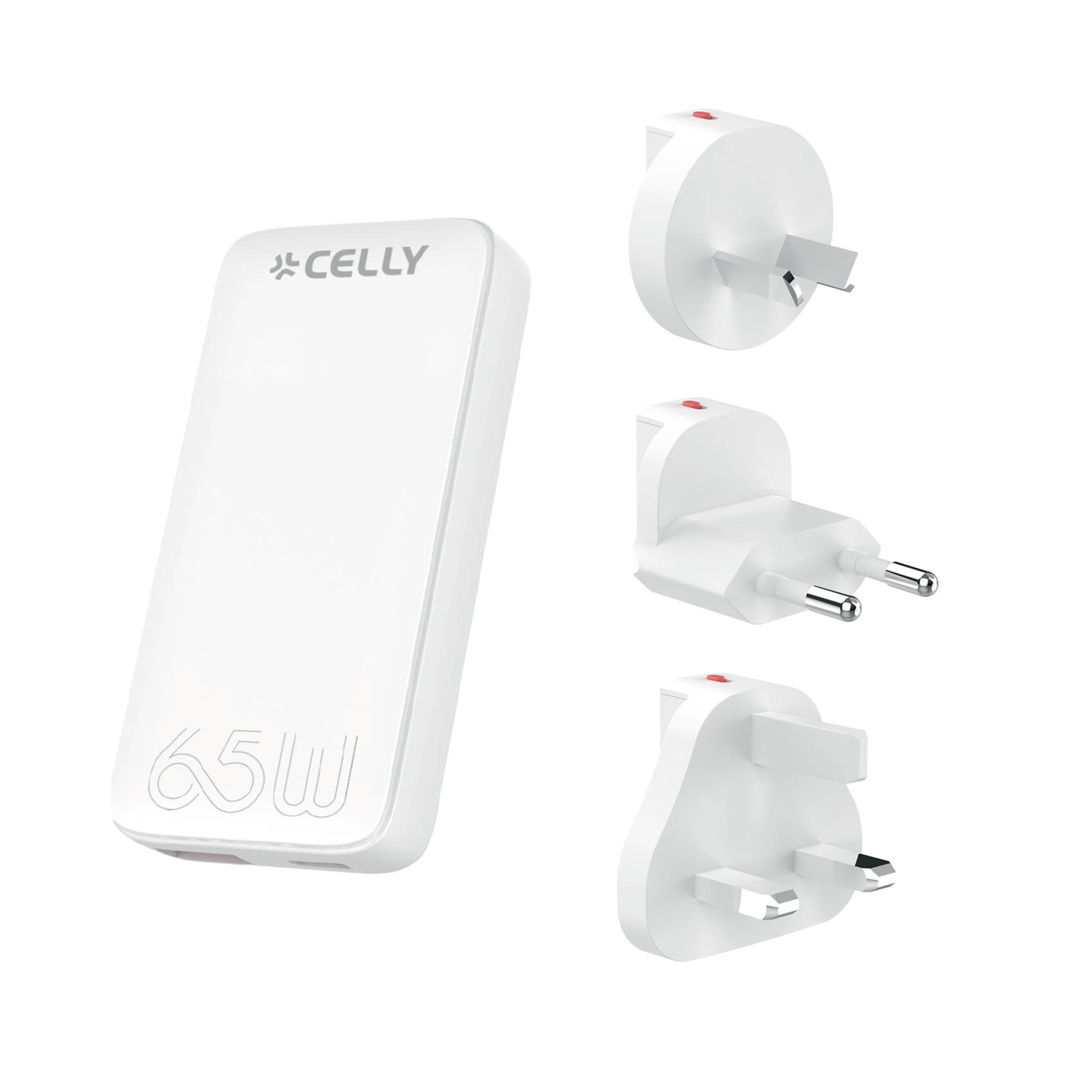 Caricabatteria da viaggio con doppia porta USB-A e USB-C, tecnologia GaN, potenza massima 65 Watt, presa integrata USA e tre prese intercambiabili (UK, AUS, EU)