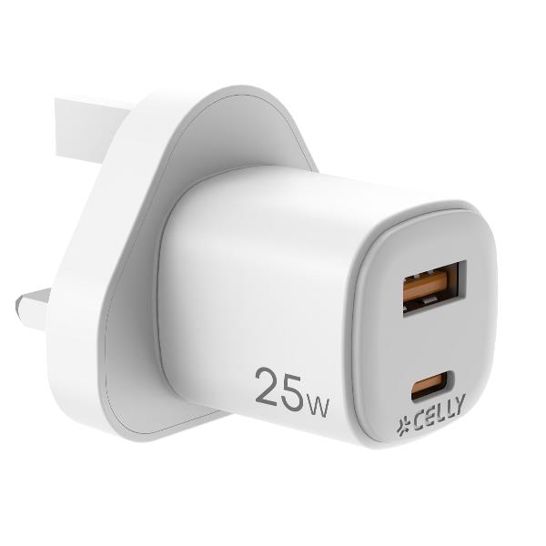 Caricabatteria da rete con doppia porta USB-C e USB-A, tecnologia GaN, potenza massima 25 Watt, presa UK [UPTC COLLECTION]