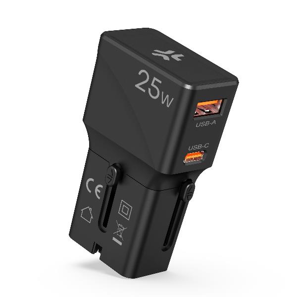 Caricabatteria da viaggio, prese internazionali, compatibile in oltre 150 paesi, doppia porta USB-A e USB-C, potenza massima 25 Watt