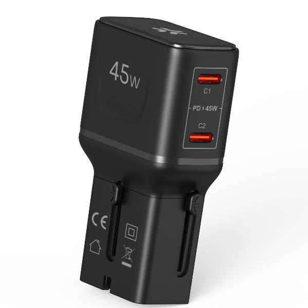 Caricabatteria da viaggio, prese internazionali, compatibile in oltre 150 paesi, doppia porta USB-A e USB-C, potenza massima 45 Watt