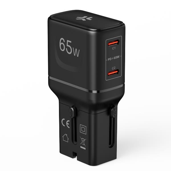 Caricabatteria da viaggio, prese internazionali, compatibile in oltre 150 paesi, doppia porta USB-C, potenza massima 65 Watt
