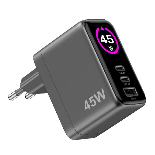 Caricabatteria da rete con tripla porta USB-C e USB-A, display LED integrato con tasto touch, tecnologia GaN, potenza massima 45 Watt