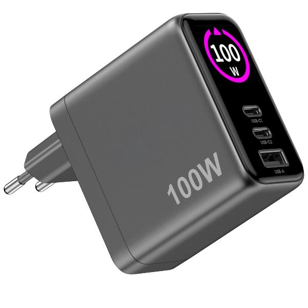Caricabatteria da rete con tripla porta USB-C e USB-A, display LED integrato con tasto touch, tecnologia GaN, potenza massima 100 Watt