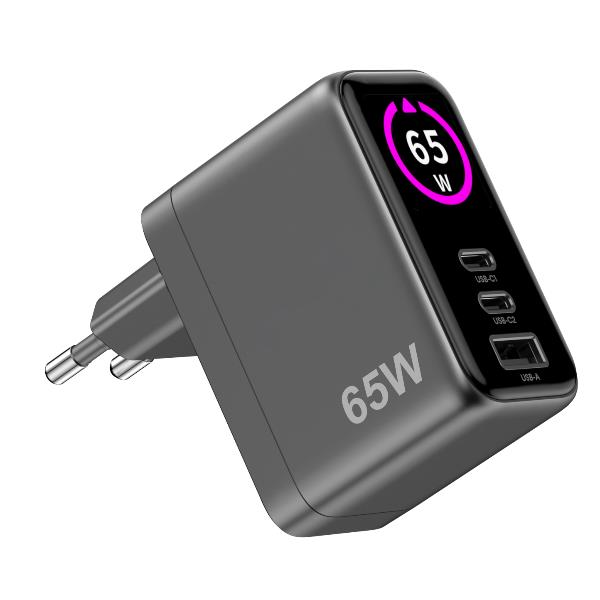 Caricabatteria da rete con tripla porta USB-C e USB-A, display LED integrato con tasto touch, tecnologia GaN, potenza massima 65 Watt