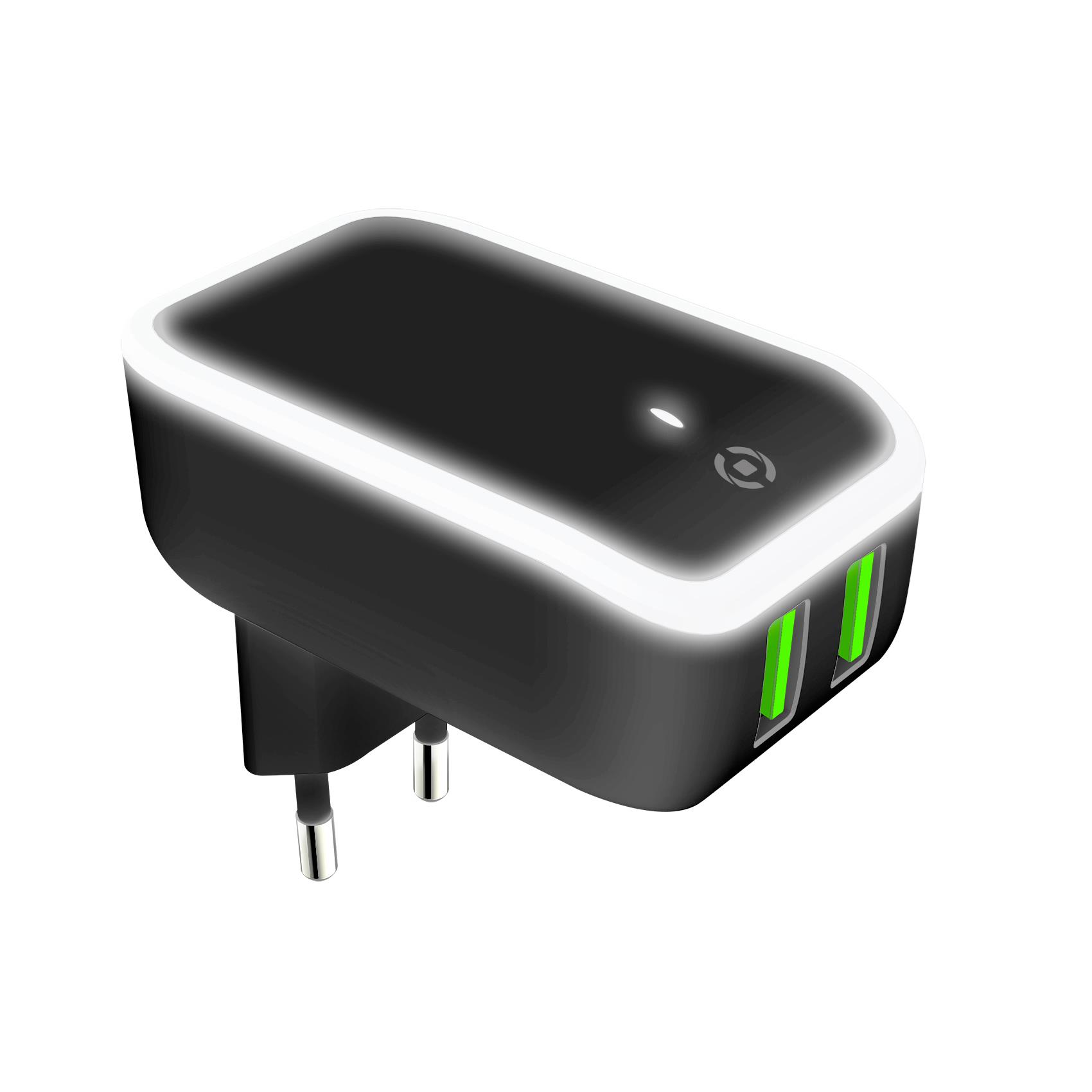 TC2USBLED – Caricabatteria da rete con doppia porta USB-A, potenza massima 12 Watt, dotata di luce led integrata con possibilità di ON/OFF [TURBO]