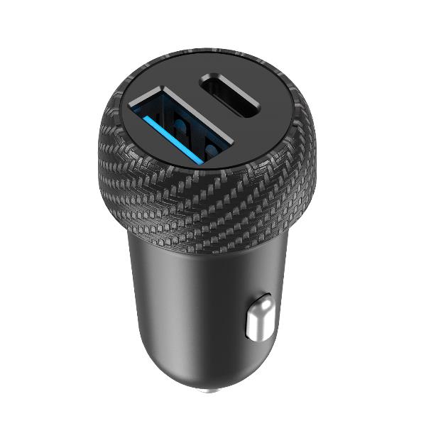 Caricabatteria da auto con doppia porta USB-C e USB-A, potenza massima 45 Watt, tecnologia Power Delivery, compatibile anche con camion
