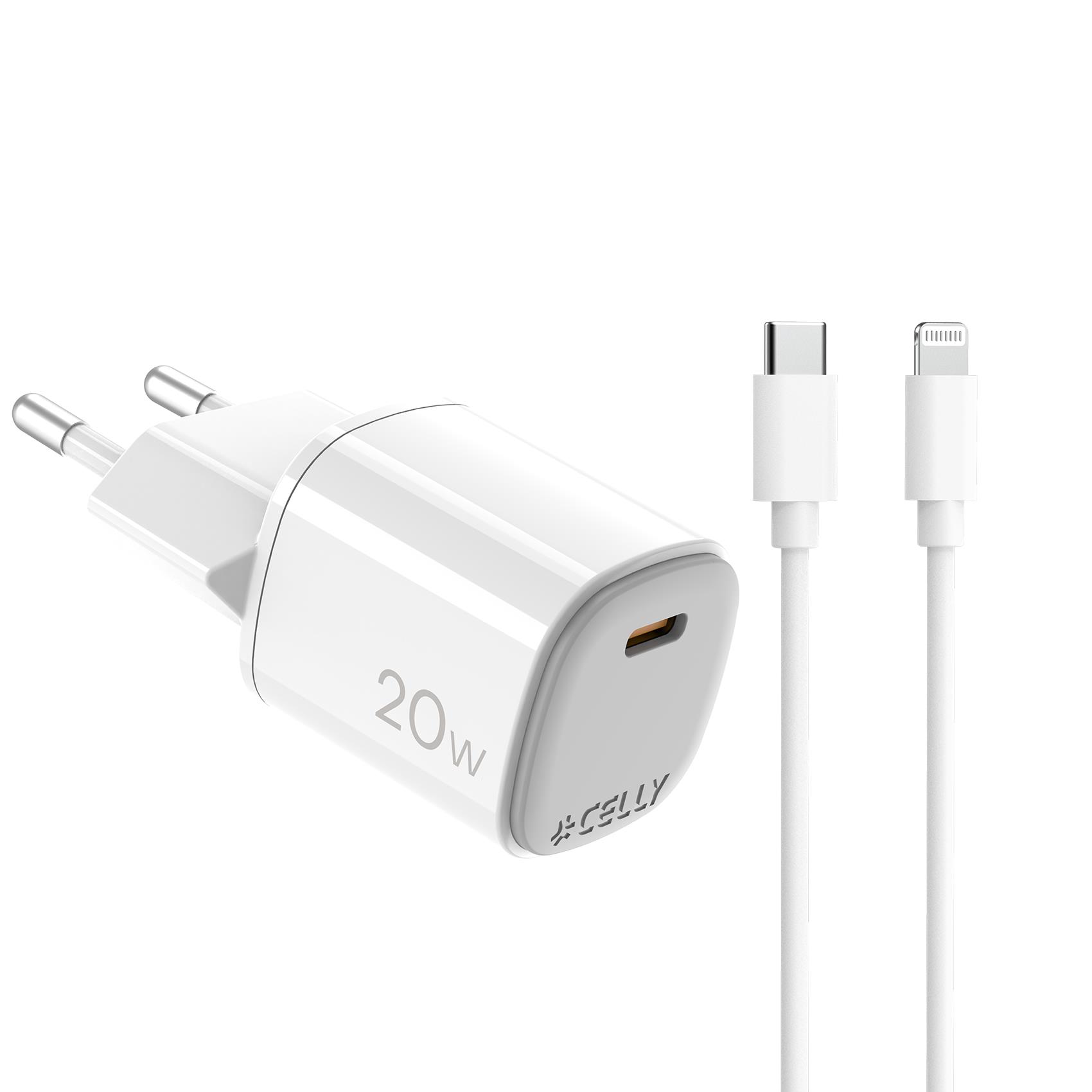 Caricabatteria da rete con porta USB-C, cavo USB-C a Lightning incluso, tecnologia GaN, potenza massima 20 Watt, lunghezza cavo 2 metri [UPTC COLLECTION]