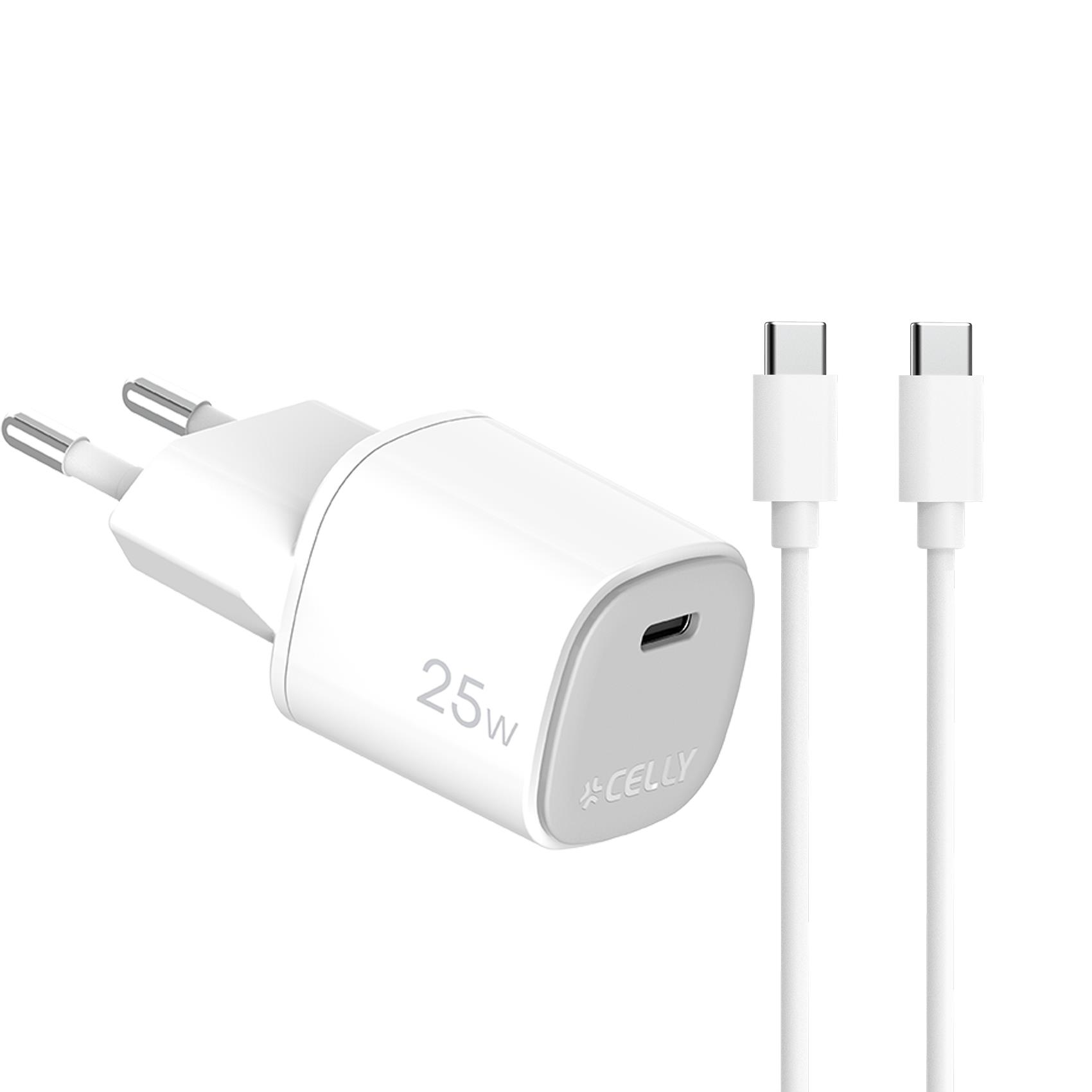 Caricabatteria da rete con porta USB-C, cavo USB-C a USB-C incluso, tecnologia GaN, potenza massima 20 Watt, lunghezza cavo 2 metri [UPTC COLLECTION]