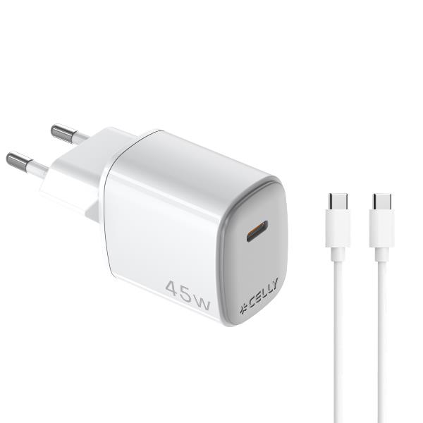 Caricabatteria da rete con porta USB-C, cavo USB-C a USB-C incluso, tecnologia GaN, potenza massima 45 Watt, lunghezza cavo 2 metri [UPTC COLLECTION]