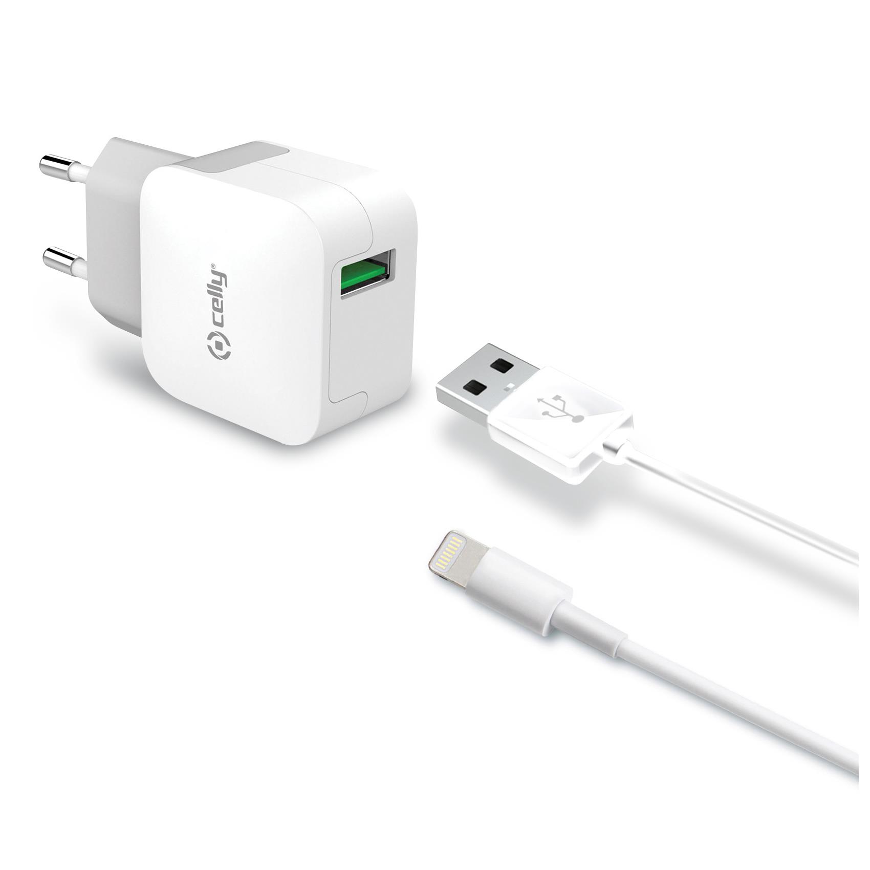 Caricabatteria da rete con porta USB-A, cavo USB-A a Lightning incluso, potenza massima 12 Watt, lunghezza cavo 1 metro [TURBO]
