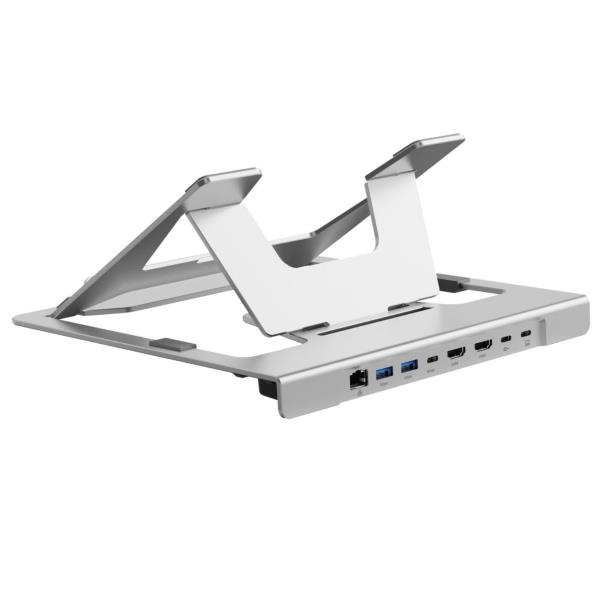 SUPPORTO PER LAPTOP con Docking Station USB-C MST 7-in-1, Dual HDMI 4K60Hz, USB PD 100W, USB-C 5Gbps, 2x USB-A 5Gbps, GbE
