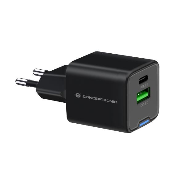 CARICATORE PD USB 2-PORTE 20W GaN (1x USB-C, 1x USB-A, QC 3.0, PPS) – NERO