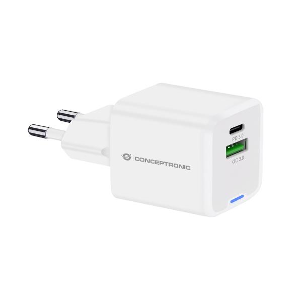 CARICATORE PD USB 2-PORTE 20W GaN (1x USB-C, 1x USB-A, QC 3.0, PPS) – BIANCO