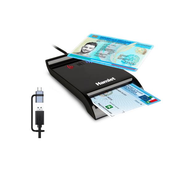 HUSCR-NFCX Lettore USB-A + USB-C di Smart Card a Contatto e Wireless NFC Carta Identità CIE 3.0, CNS, TS