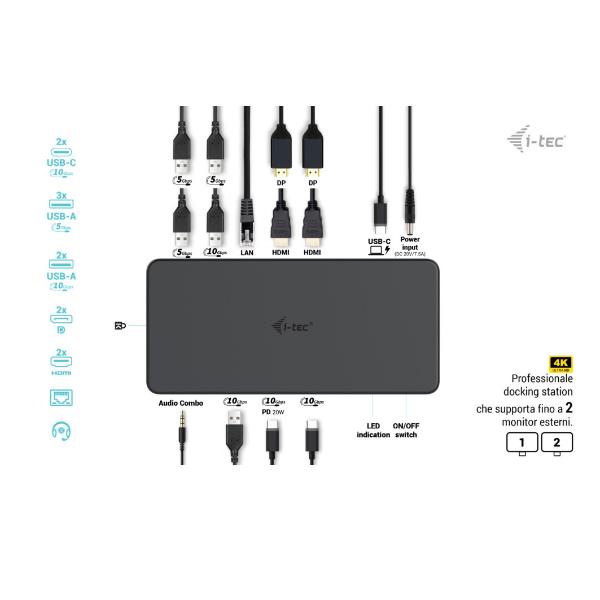 DOCKING STATION UNIVERSALE USB 3.0 / USB-C / TB Doppio Monitor (2xDP+2xHDMI) + PD100W con Alimentatore