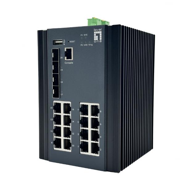 LEVELONE IGU-2071 – SWITCH INDUSTRIALE 20-Port L2 Plus Managed Gigabit, 16x 1GbE RJ45, 4x 1/2.5GbE SFP, DIN-Rail, -40°C – +80°C