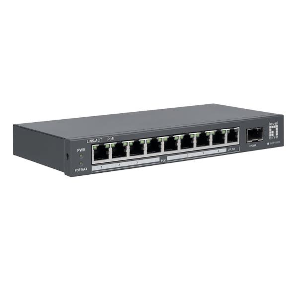 SWITCH GIGABIT a 10 porte, uscita 8-PoE, 1x Gigabit SFP, 1x Uplink Gigabit, 120W