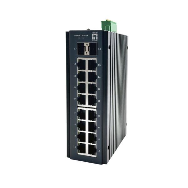 LEVELONE GP-1871 – SWITCH INDUSTRIALE L2 PLUS MANAGED POE 240W 18 Porte, 2x SFP 1G/2.5G, 16x PoE 802.3af/at; -40°C a 75°C, DIN RAIL