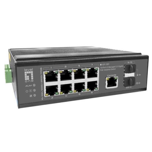 LEVELONE IGP-1091 – SWITCH INDUSTRIALE PoE Managed L3 a 10 porte da 2,5 Gigabit, 2 uplink SFP+ da 1G/10G, uscite PoE a 8 porte, 480W, PoE 802.3af/at/bt, DIN-Rail, -40°C +75°C