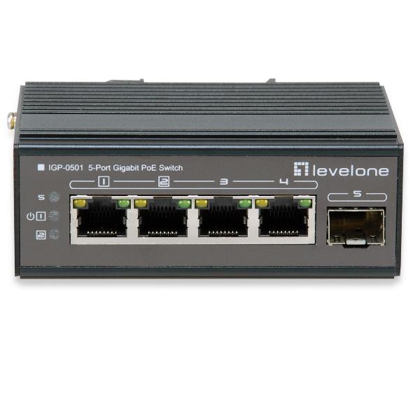LEVELONE IGP-0501 – SWITCH INDUSTRIALE 5-PORTE GIGABIT POE 802.3at/af. DIN.RAIL, -30°C – 65°C