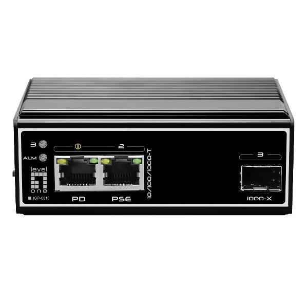 LEVELONE IGP-0310 – SWITCH INDUSTRIALE RJ45 TO SFP GIGABIT ETHERNET 3-PORTE GIGABIT POE PSE/PD, 802.3at PoE+, 30W, ingresso 12-56V DC