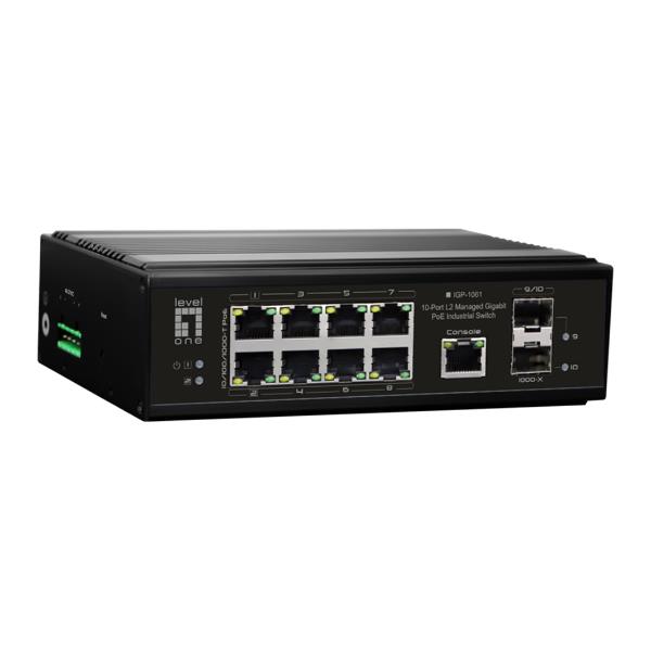 LEVELONE IGP-1061 – SWITCH INDUSTRIALE 10 PORTE GIGABIT L2 MANAGED POE 802.3AT/AF/BT, DIN-RAIL, -40°C +75°C- 8 Gigabit PoE ports + 2 Gigabit SFP ports