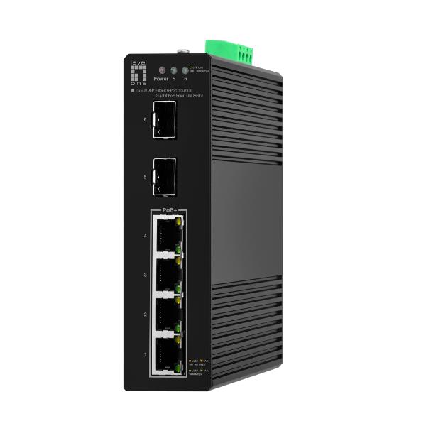 LEVELONE IGS-2106P – SWITCH INDUSTRIALE HILBERT 6-PORTE GIGABIT POE 60W SMART LITE, (2x SFP + 4x PoE 802.3at/af PoE), DIN RAIL, -40°C to 75°C
