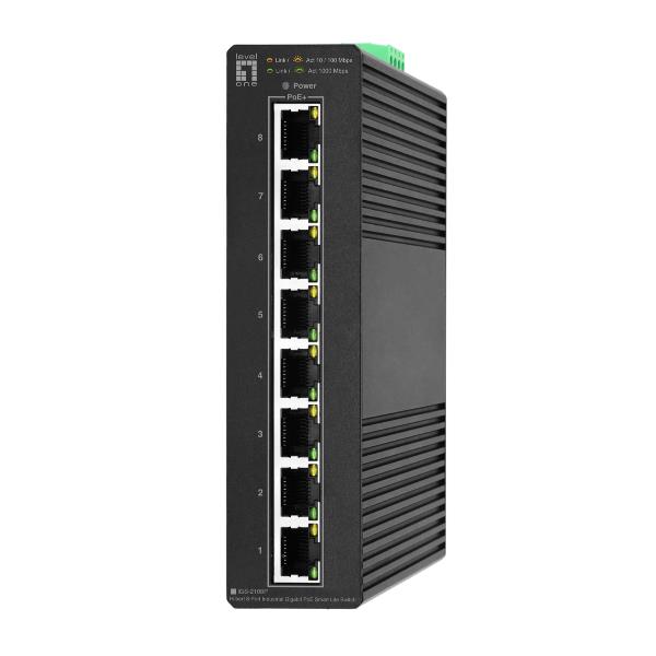 LEVELONE IGS-2108P – SWITCH INDUSTRIALE HILBERT 8-PORTE GIGABIT POE 112W SMART LITE, 802.3at/af PoE, DIN RAIL, -40°C to 75°C