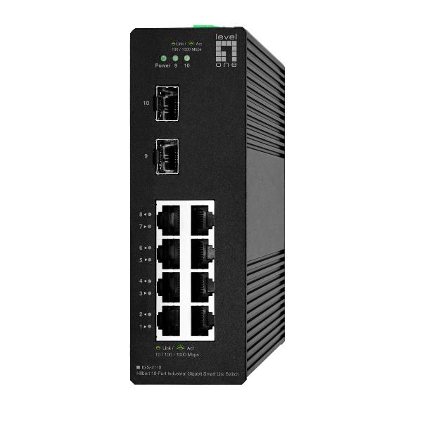 LEVELONE IGS-2110 – SWITCH INDUSTRIALE HILBERT 10-PORTE GIGABIT SMART LITE, (8x Gigabit + 2x Gigabit SFP), DIN RAIL, -40°C to 75°C