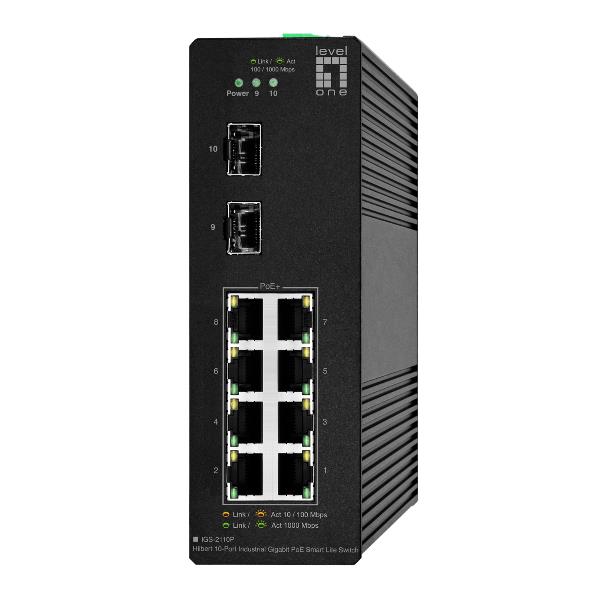 LEVELONE IGS-2110P – SWITCH INDUSTRIALE HILBERT 10-PORTE GIGABIT POE 110W SMART LITE, (8x Gigabit PoE 802.3at/af + 2x SFP), DIN RAIL, -40°C to 75°C
